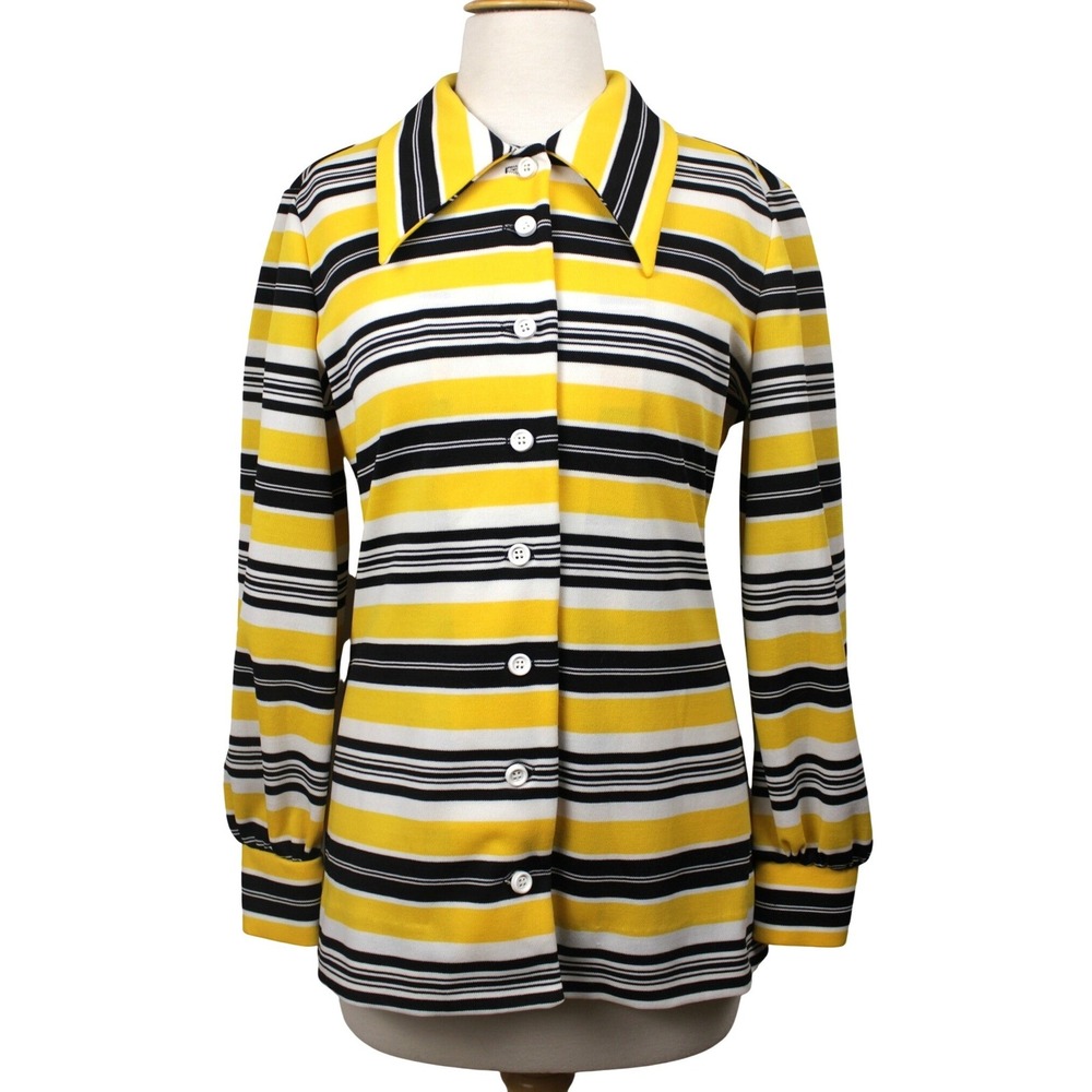 Vintage Act III Women Blouse M Union Label Yellow Black Stripe 70s Dagger Collar